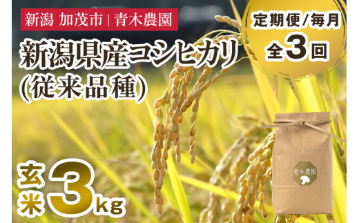 【令和7年産新米先行予約】【定期便3回毎月お届け】新潟県産 コシヒカリ(従来品種)玄米3kg(3kg×1袋)《10月上旬から順次発送》 玄米 白米 きのこ農家ならではの有機質肥料 お米 新潟産