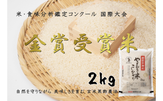 【令和7年産新米】コシヒカリ「やまびこ米」 2kg 玄米黒酢農法 金賞受賞 特別栽培米 白米 精米 農家直送 1P01008新潟県阿賀野市8000米・パン白米