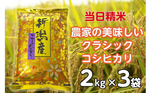 【令和7年産新米】 当日精米! 農家直送 美味しい クラシックコシヒカリ 2kg×3袋 計6kg 精米 白米 水原町農産センター 1F17021新潟県阿賀野市21000米・パン白米