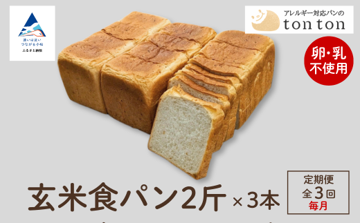 「3ヶ月定期便(毎月)」【卵・乳アレルギー対応】tonton玄米食パン 2斤×3本石川県小松市32000米・パンパン