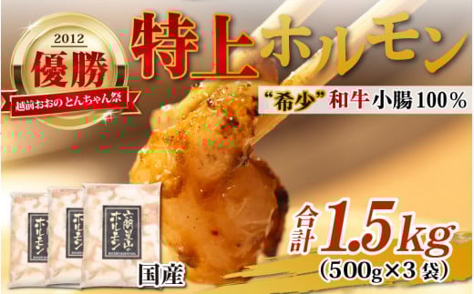とんちゃん祭2012年優勝商品!特上ホルモン(和牛小腸100%)500g × 3袋 計1.5kg福井県大野市28000肉牛肉