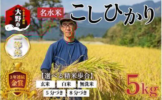 【先行予約】【令和7年産 新米】越前大野産 一等米 帰山農園の棚田育ちコシヒカリ (玄米) 5kg × 1袋【2025年10月20日より順次発送】福井県大野市20000米・パン白米