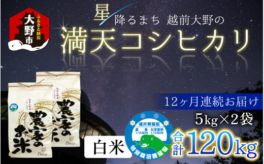 【令和7年産 新米】【12ヶ月定期便】星降るまち 越前大野の「満天コシヒカリ」白米 10kg (5kg×2袋) ×12回 計 120kg 小分け 農薬・化学肥料50%以上カットの特別栽培米 農家直送 単一原料米 大野市