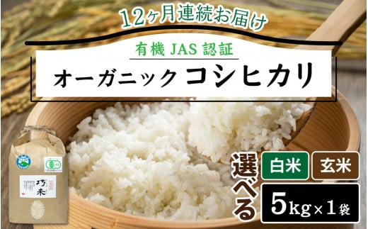 【先行予約】【12ヶ月連続お届け】【 令和7年産 新米 】有機JAS認証 オーガニックコシヒカリ 白米 5kg×1袋×12ヶ月(計60kg)【2025年11月より発送開始】| お米の定期便福井県南越前町288000米・