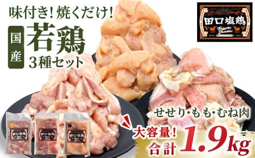 国産 若鶏味付け肉 3種セット 1.9kg(もも肉250g×4・むね肉250g×2・せせり200g×2)せせり もも むね 塩ダレ 味付け肉 鶏肉 鶏 肉 キャンプ バーベキュー 大容量 地鶏 焼肉 焼き鳥 田口塩鶏 若鶏