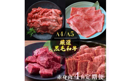 【4回定期便】京都産 黒毛和牛赤身肉 4ヶ月 お楽しみセット【計2.35kg】1回 500g〜700g 和牛 専門店 ひら山 厳選 赤身 しゃぶしゃぶ すき焼き サイコロステーキ 焼肉 ステーキ 切り落とし スライ