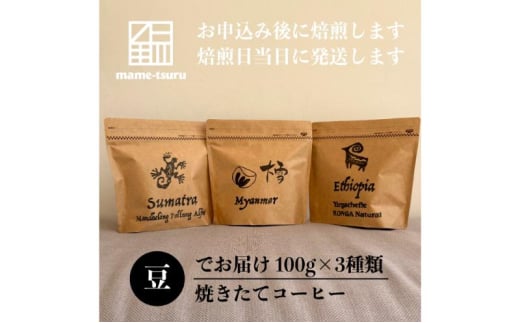 焼きたてコーヒー(豆のまま)3種類 珈琲 豆 コーヒー 豆のまま 焙煎したて 飲み比べ セット 明石市 兵庫兵庫県明石市15000お茶・飲料コーヒー・紅茶