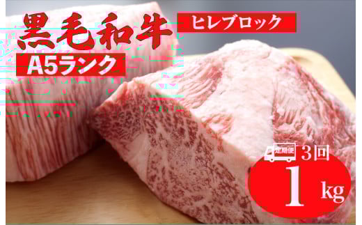 【全3回定期便】黒毛和牛 A5ランク ヒレ ブロック 1kg ソース付 和牛 冷蔵 冷蔵便 ブロック肉 牛肉 ヒレ肉 ヒレステーキ フィレ 1キロ 贈答 ギフト お中元奈良県河合町210000肉牛肉