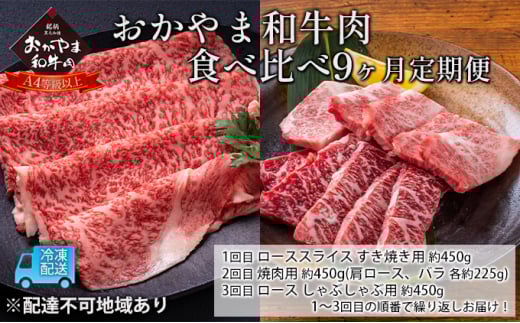 定期便 9ヶ月 おかやま 和牛肉 A4等級以上 食べ比べ 毎月 約450g×9回 岡山県産 牛 赤身 肉 牛肉 冷凍岡山県赤磐市195000肉牛肉