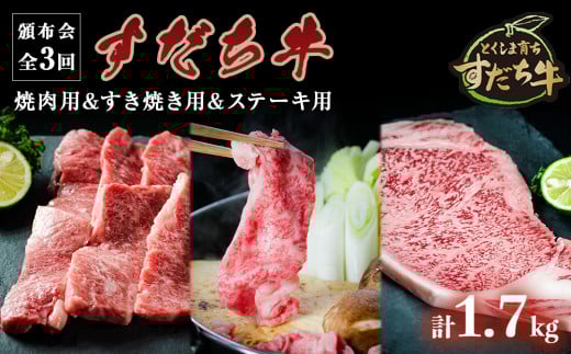 頒布会 3回お届け すだち牛  焼肉用600g & すき焼き用600g & ステーキ用500g 合計1.7kg徳島県鳴門市59000肉牛肉