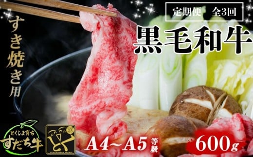 定期便 3回お届け すだち牛黒毛和牛(すき焼き用)600g 合計1.8kg 国産 牛肉 すき焼き 赤身 冷凍 お肉 肉 グルメ ギフト 和牛 霜降り カット 定期便徳島県鳴門市57000肉牛肉