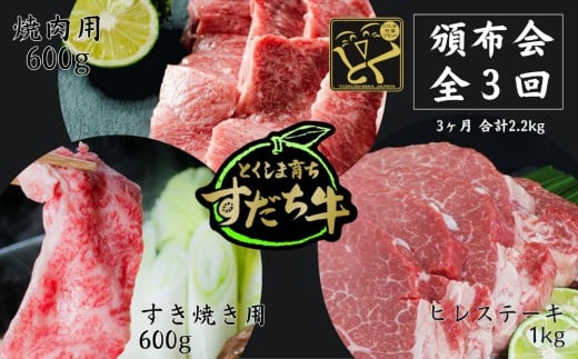 頒布会 3回お届け すだち牛  焼肉用600g & すき焼き用600g & ヒレ1kg 合計2.2kg徳島県鳴門市99000肉牛肉