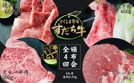 頒布会 4回お届け すだち牛  焼き肉用600g & すき焼き用600g & ステーキ用500g & ヒレ1kg 合計2.7kg徳島県鳴門市119000肉牛肉