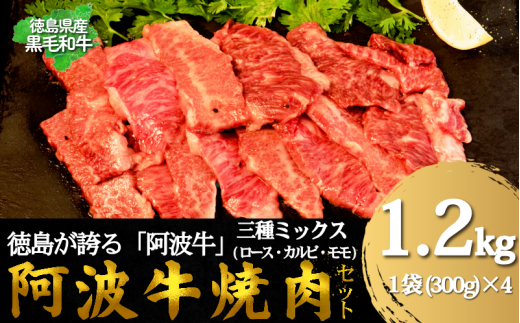 牛肉 阿波牛 焼肉用ミックス(ロース・カルビ・モモ)たれ漬け 1.2kg(300g×4) 国産 肉 カルビ 味付け 柔らか 霜降り ご飯 米 焼肉 BBQ 冷凍 モモ ロース 小松島市徳島県小松島市32000肉牛肉