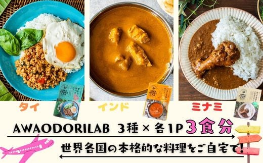 AWAODORILAB3種3食  ガパオ1食 バターチキンカレー1食  ごちそうカレー 1食  レトルト常温徳島県美波町6000肉鶏肉