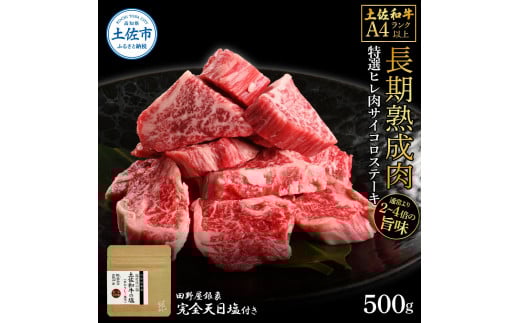 土佐和牛 特選ヒレ肉サイコロステーキ500g 田野屋銀象完全天日塩1P付き 特選 長期熟成肉 田野屋銀象 完全天日塩付き ヒレ肉 ステーキ 肉 お肉 和牛 牛肉 国産 牛 熟成肉 サイコロステーキ高