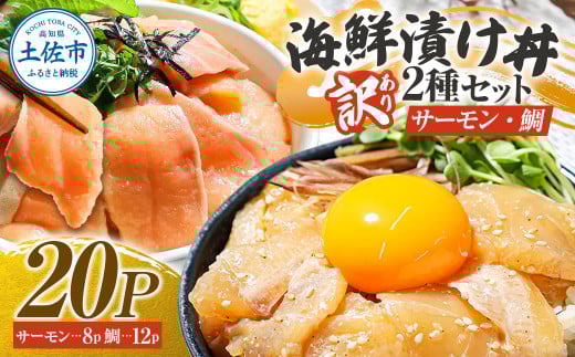 訳あり 海鮮漬け丼 タイ12P・サーモン8Pセット 1袋60g 真鯛 タイ サーモン 詰め合わせ お茶漬け 醤油 漬け 食べ比べ おつまみ 惣菜 鯛茶漬け 魚介類 海鮮 新鮮 天然 美味しい 活き締め 冷凍 配