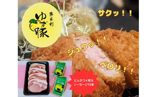 112013 ブランド豚 ジューシーとんかつ&ゆず豚100%ソーセージ とんかつ用ロース4枚(約600g) ソーセージ5本入り×2P 詰め合わせ 国産 ゆず豚 とんかつ トンカツ ソーセージ 冷凍 /高知県 奈半利