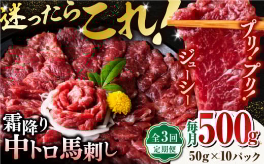 【全3回定期便】【熊本肥育】熊本ならでは!霜降り馬刺しをたっぷり楽しむセット ( 霜降り中トロ馬刺し 約50g×10パック ) 計500g 国内肥育 熊本 馬刺し 専用醤油付き 霜降り 中トロ サシ ばさ