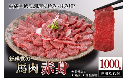 【令和7年11月出荷分】厳選 馬肉 赤身 1000g 1kg 特許製法 氷温熟成 低温調理 加熱済 馬赤身 赤身肉 新感覚 焼いたらもっと美味しい 旨みたっぷり 小分け 専用醤油 タレ付 真空パック 熊本 阿蘇