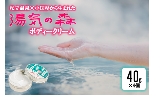 【杖立温泉旅館組合】湯気の森 ボディークリーム 杖立温泉 小国杉 温泉成分 精油 地元素材 しっとり 滑らか 保湿 ボディクリーム 全身 40g 4個 企画開発 地場産品 ご自宅用 ギフト 贈答 贈り