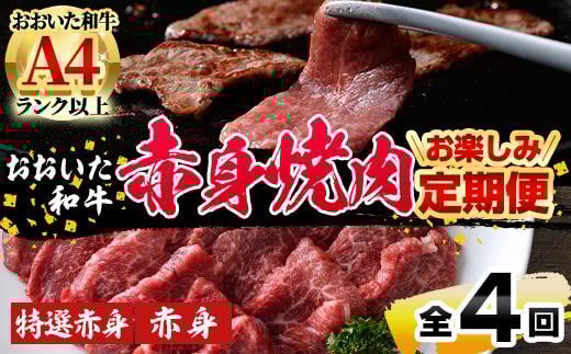 <定期便・全4回)>おおいた和牛 低温熟成 赤身 焼肉 お楽しみ 定期便 (3ヶ月ごとにお届け) 国産 牛肉 肉 霜降り A4 和牛 ブランド牛 冷凍 大分県 佐伯市【DH245】【(株)ネクサ】大分県佐伯市670