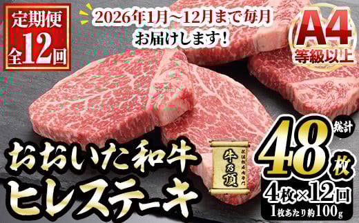 <先行予約受付中・2026年毎月発送予定><定期便・全12回>おおいた和牛 ヒレステーキ (総計48枚・4枚×12回) 国産 牛肉 肉 霜降り A4 ヒレ ステーキ 和牛 ブランド牛 冷凍 大分県 佐伯市【DH271