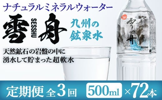 <定期便・全3回(毎月)>ナチュラル ミネラル ウォーター 雪舟 (総量72本・500ml×24本×3回) 定期便 国産 鉱泉水 お水 ドリンク 大自然 天然 料理 健康 維持 防災 常温 保存 3回【HD249】【さいき
