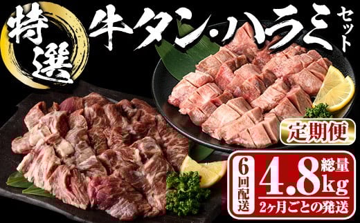 <定期便・全6回 (2か月ごとの発送)> 特選 牛タン ・ 牛ハラミ セット (総量4.8kg) 定期便 小分け 牛肉 肉 タン 牛たん ハラミ 牛はらみ 詰め合わせ 味付け 焼肉 塩 BBQ 冷凍 大分県 佐伯市【DH328
