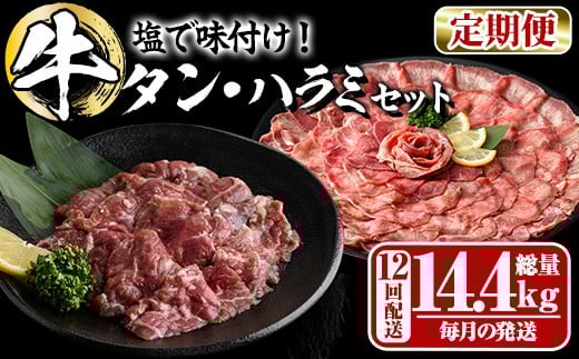 <定期便・全12回 (毎月の発送)> たっぷり! 薄切り 塩 牛タン・牛ハラミ セット (総量14.4kg) 小分け 牛肉 肉 タン たん ハラミ はらみ 詰め合わせ 味付け 焼肉 BBQ 冷凍 大分県 佐伯市【DH332】