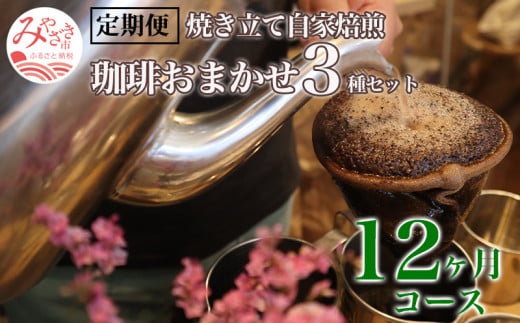定期便 焼き立て 自家焙煎 珈琲豆 おまかせ 3種類セット 12ヶ月コース_M204-T004宮崎県宮崎市154000お茶・飲料コーヒー・紅茶