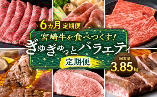宮崎牛を食べつくす!ぎゅぎゅっとバラエティ定期便(総重量3.85kg) 定期便 宮崎牛 モモ肉 もも肉 焼きしゃぶ 焼しゃぶ しゃぶしゃぶ しゃぶしゃぶ用 ロースステーキ 焼肉 焼き肉 BBQ バーベキ