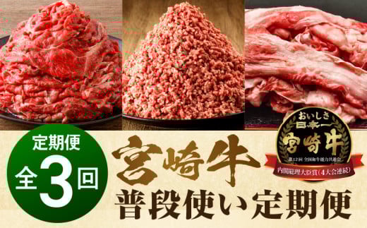 宮崎牛 普段使い定期便 全3回 定期 定期便 3回 切り落とし 切り落し ミンチ 牛すじ 700g  1kg 2kg 牛肉 肉 にく おにく 国産牛 ブランド牛 牛 国産 国産牛 ひき肉 ハンバーグ 料理 アレンジ 炒め物