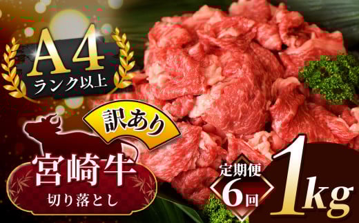 【定期便6回】人気 牛肉  ! A4 - A5 宮崎牛 切り落とし 訳あり 1kg | 小分け 500g × 2 宮崎牛 切り落とし 部位不問 脂身 黒毛和牛 牛肉 肉 にく お肉 スライス 切り落とし 国産 ブランド牛 カレー 牛