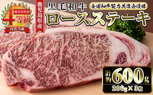 i1060-B ≪4等級以上≫鹿児島県産黒毛和牛ロースステーキ(計約600g・約200g×3枚) 黒毛和牛 和牛 牛肉 肉 ステーキ ロース サーロイン 【ナンチク】鹿児島県出水市22000肉牛肉
