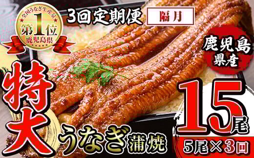 i1176-B <定期便・計3回(隔月)>\特大サイズ/鹿児島県産 うなぎ蒲焼 5尾セット <(約220g×5・計約1100g)×全3回> 定期便 たれ 山椒付きうなぎ 鰻 ウナギ 特大 特大サイズ 約220g 蒲焼き 国産