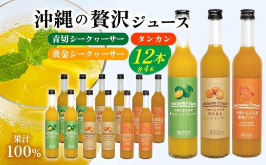 沖縄の贅沢ジュース 12本 (青切シークヮサー・黄金シークヮサー・タンカン 各4本)KS1008 青切り 黄金 くがに シークヮーサー タンカン みかん ビタミンC ノビレチン 酸味 調味料 ジュース