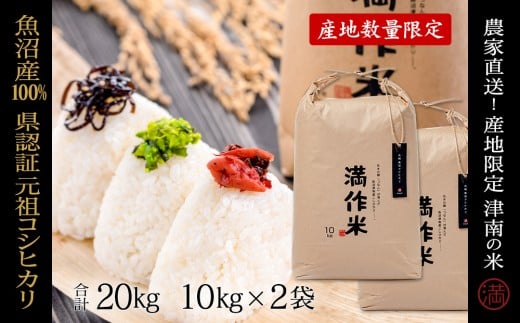 米 20kg ( 10kg × 2袋 ) 令和7年産 新米 魚沼産 コシヒカリ 県認証米 満作米 | ブランド米 こしひかり お米 おこめ こめ コメ 白米 精米 おすすめ ギフト 新潟県 津南町新潟県津南町116000米・パン