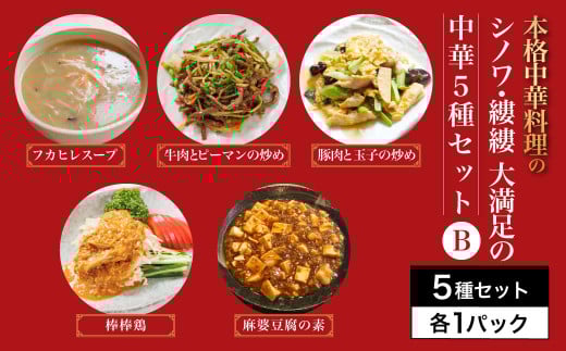 シノワ・縷縷 大満足の中華5種セットB ふるさと納税 中華  四川料理 5種 セット フカヒレスープ 牛肉とピーマンの炒め 豚肉と玉子の炒め 棒棒鶏 麻婆豆腐の素 小分け 冷凍 使いやすい 真