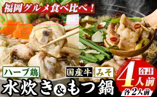 博多名物!九州産ハーブ鶏水炊き&(味噌味)国産牛もつ鍋食べ比べセット(計4人前・各2人前) 福岡 鶏肉 鳥肉 お肉 肉 水炊き みずたき もつ もつ鍋 ホルモン 牛 鍋 鍋セット セット 味噌 みそ 鶏