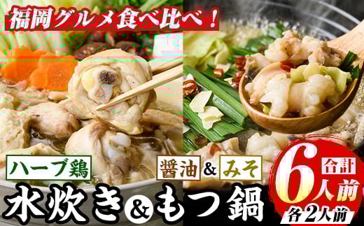 博多名物!鶏水炊き&もつ鍋2種≪醤油味・みそ味≫満腹食べ比べ(計6人前・各2人前) 福岡 鶏肉 鳥肉 お肉 肉 水炊き みずたき もつ もつ鍋 ホルモン 牛 鍋 鍋セット セット 醤油 しょうゆ 味噌