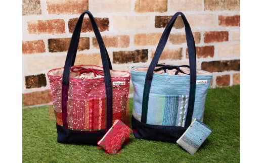 B219 りんごの木 さをり織りバケット・ミニポーチセット【青系】大阪府八尾市15000衣類・装飾品・工芸品鞄・バッグ