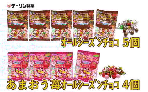 A298 80gオールシーズンチョコ 5袋・100gあまおう苺オールシーズンチョコ4袋のセット【チーリン製菓 チョコレート お菓子 詰め合わせ セット 9袋 いちご マイルドチョコレート 個包装 大阪