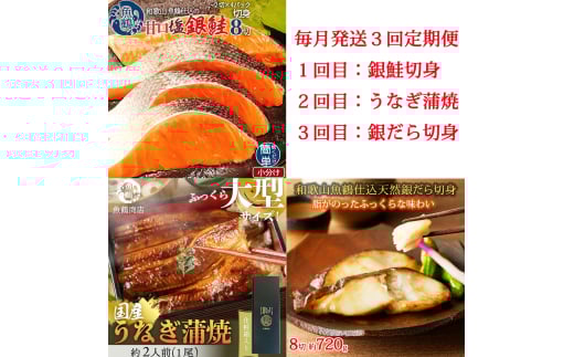 【毎月定期便】魚鶴お楽しみ海鮮3種セット(銀鮭切身・うなぎ蒲焼・銀だら切身)全3回    / 銀鱈 さけ だし うなぎ たら 魚 切り身 切身 魚 海鮮 焼き魚 ご飯のおとも おかず【tkb418】和歌山県