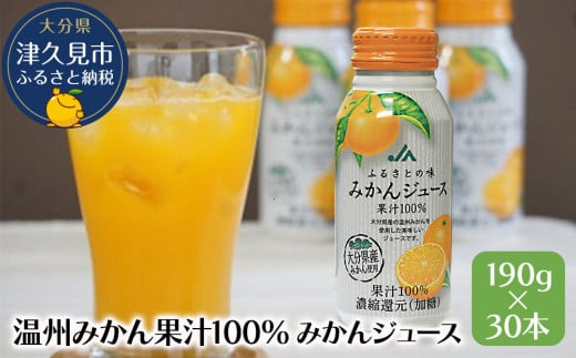 大分県産 温州みかん果汁100% みかんジュース 190g×30本 ミカンジュース オレンジジュース  大分県産 九州産 津久見市大分県津久見市10000お茶・飲料果汁・野菜飲料