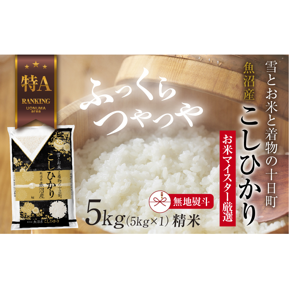 【無地熨斗】魚沼産 コシヒカリ 5kg お米 こしひかり 新潟 (お米の美味しい炊き方ガイド付き) 精米 ご飯 ブランド米 銘柄米 新潟県十日町市25000米・パン白米