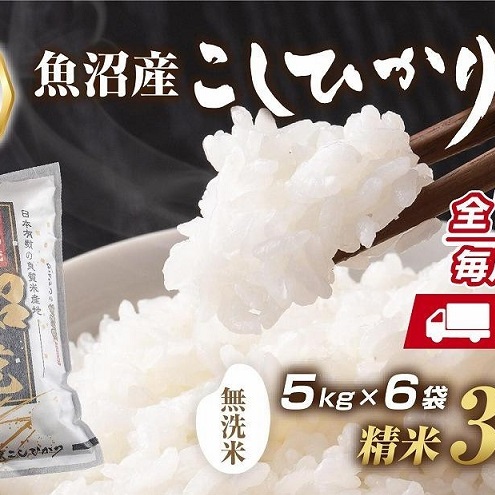 【定期便】|無洗米| 新潟県 魚沼産 コシヒカリ お米 30kg×計12回 精米済み 年間 毎月発送 こしひかり(お米の美味しい炊き方ガイド付き) ご飯 ブランド米 銘柄米 新潟県十日町市1800000米