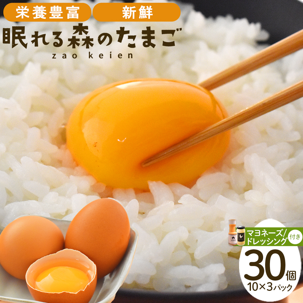 眠れる森のたまご 朝採れ卵30個と自家製マヨネーズ・ドレッシングセット 【04301-0182】宮城県蔵王町10000卵・乳製品卵(鶏、烏骨鶏等)