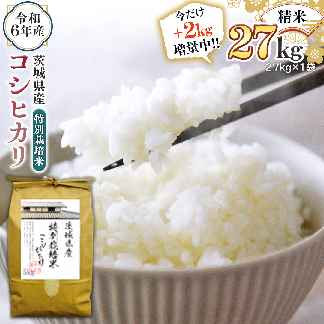 【2kg増量中】 令和6年産 茨城県産 精米 特別栽培米 コシヒカリ 27kg (27kg×1袋) 通常25kgのところ2kg増量中! 白米 こしひかり 米 コメ こめ 単一米 限定 茨城県産 国産 美味しい お米 おこめ
