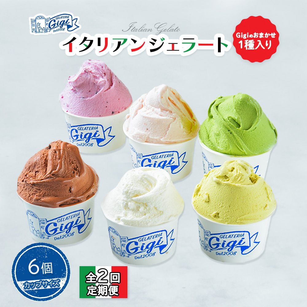 【定期便:全2回】ジェラテリアGigiのイタリアンジェラート6種(Gigiのおまかせ1種入り)【カップサイズ6個】 (牛乳、ピスタチオ、抹茶、チョコレート、ブルーベリーヨーグルト、Gelateria Gig